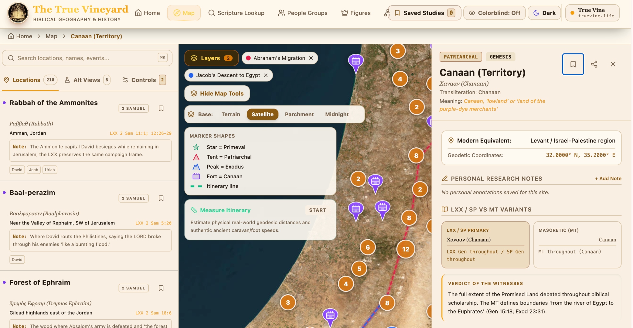 Interactive biblical map showing Canaan territory with Abraham's Migration and Jacob's Descent to Egypt layers, LXX vs Masoretic Text variant comparison for the Promised Land — True Vineyard app