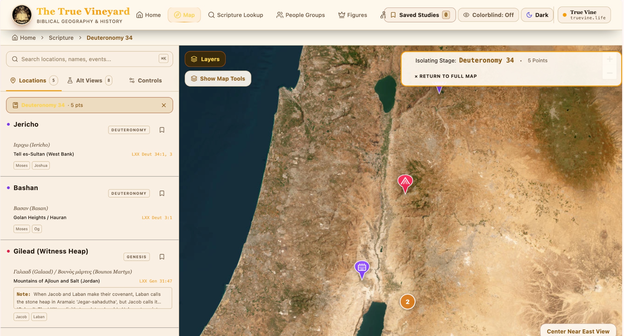 Biblical map of Deuteronomy 34 showing Jericho, Bashan, Gilead and the Promised Land boundaries in the True Vineyard interactive Scripture study app